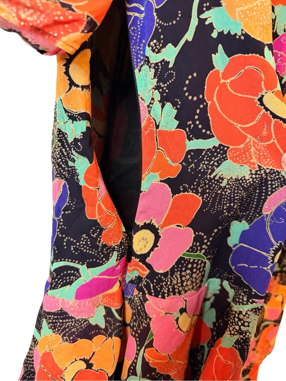 RIXO Dion Glitter Floral Print Georgette Mini Dress Ruched Sleeve Boho London XL - Picture 10 of 12